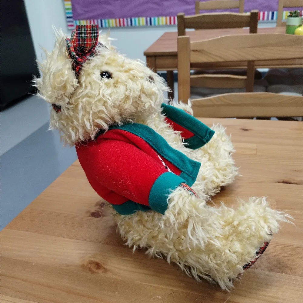 ✓VTG Hallmark Christmas Stuffed Merrily Bear w/ Snowman Coat + Bow Headband 11in - Picture 4 of 13